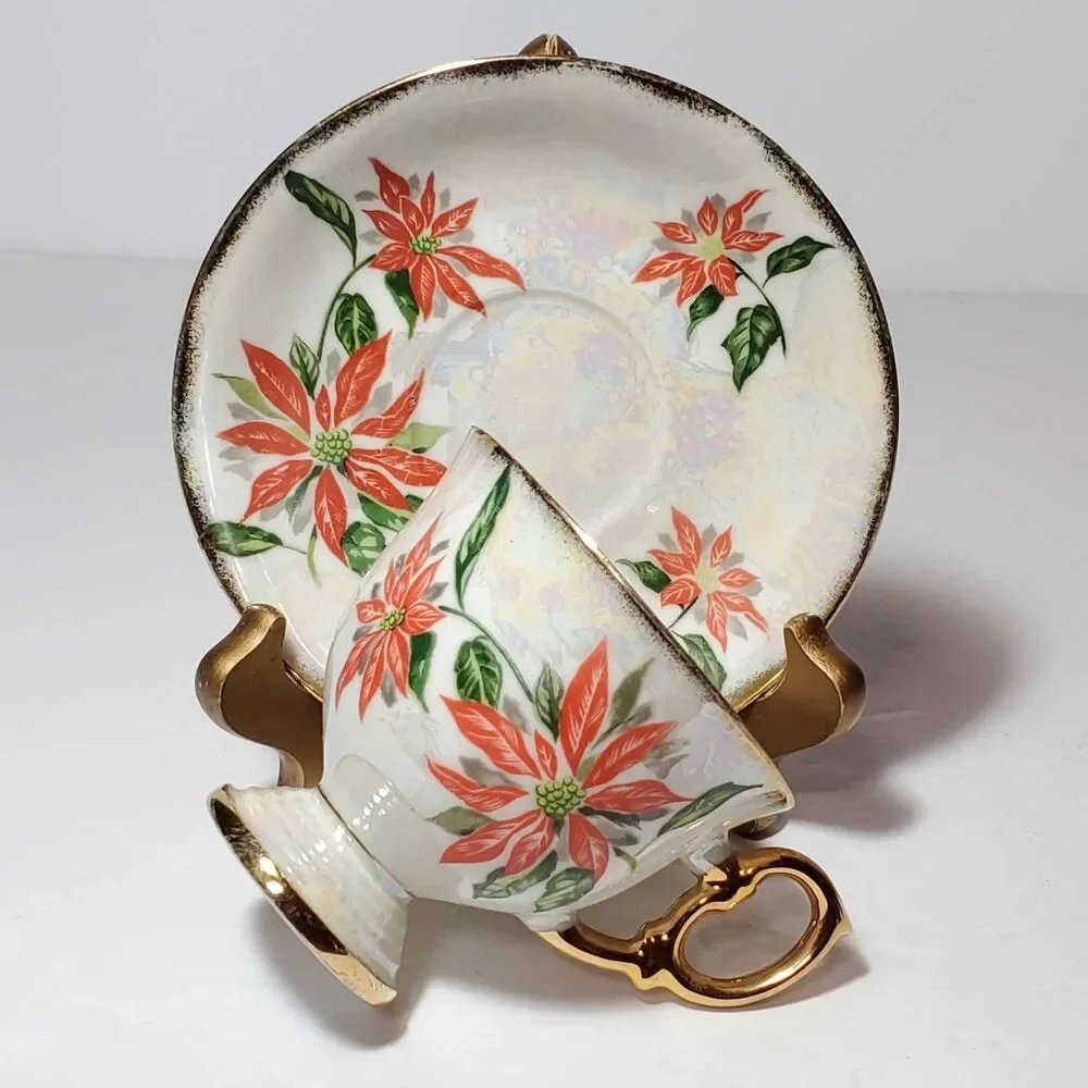 December Poinsettia Teacup and Saucer Christmas Holiday Vintage